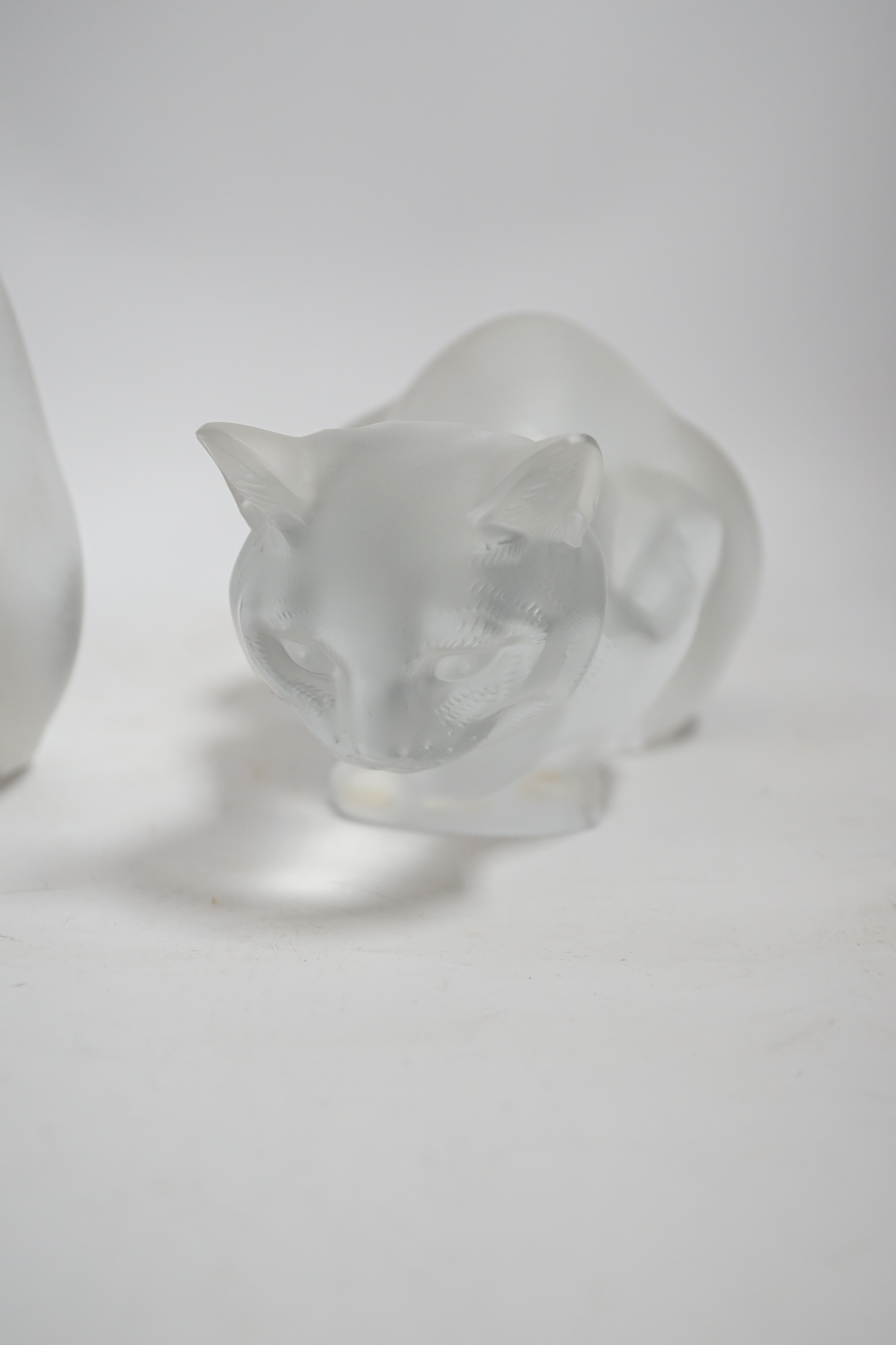 Two lalique glass frosted cats, tallest 21cm